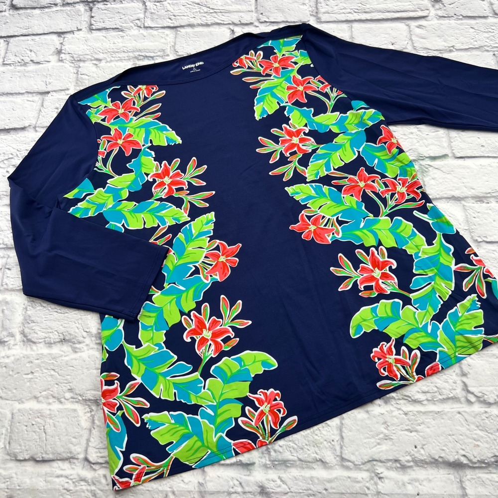 Lands End Navy Blue Tropical Floral Rash Guard Swim Shirt Women's Large 14-16